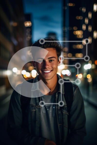 Intra Συλλεκτικό Ξύλινο Παζλ Plywood  4mm - Νεαρός άνδρας με τζιν μπουφάν που χαμογελά στην κάμερα στο δρόμο της πόλης τη νύχτα Σε Ξύλινο Κουτί - Διαστάσεις Puzzle: 10x10 cm – 25 κομμάτια