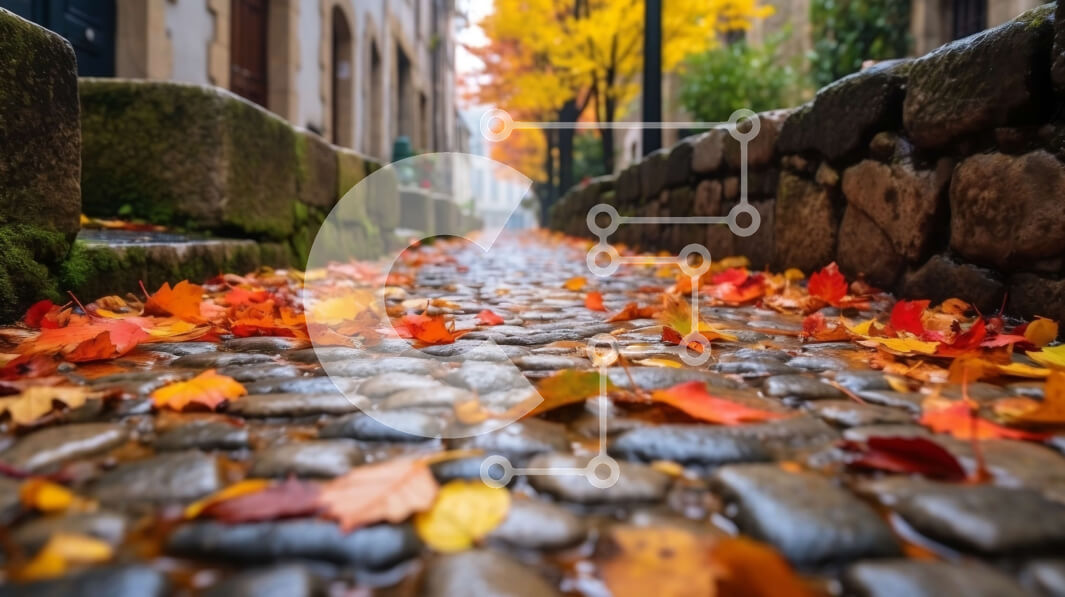 Intra Συλλεκτικό Ξύλινο Παζλ Plywood  4mm - Πολύχρωμα Φθινοπωρινά Φύλλα στην Πλακόστρωτη Οδό Σε Ξύλινο Κουτί - Διαστάσεις: 10x10 cm – 25 κομμάτια