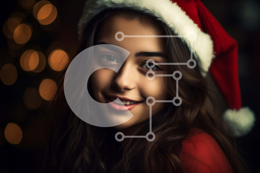 Intra Συλλεκτικό Ξύλινο Παζλ Plywood  4mm - Χαμογελαστή νεαρή γυναίκα που φορά ένα καπέλο Άγιου Βασίλη Σε Ξύλινο Κουτί - Διαστάσεις Puzzle: 10x10 cm – 25 κομμάτια