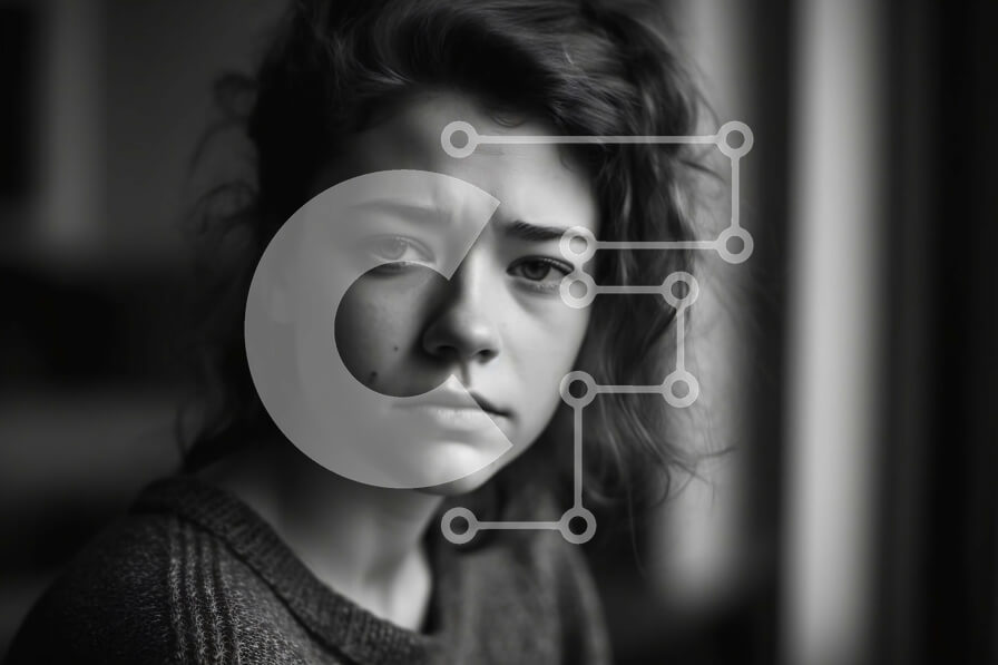 Intra Συλλεκτικό Ξύλινο Παζλ Plywood  4mm - Σοβαρή νεαρή γυναίκα με σγουρά μαλλιά και μαύρο πουλόβερ Σε Ξύλινο Κουτί - Διαστάσεις Puzzle: 10x10 cm – 25 κομμάτια