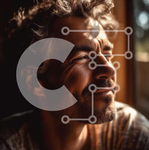 Intra Συλλεκτικό Ξύλινο Παζλ Plywood  4mm - Πορτρέτο ενός στοχαστικού άνδρα με κοντά σγουρά μαλλιά και τσιμπημένη γενειάδα Σε Ξύλινο Κουτί - Διαστάσεις Puzzle: 10x10 cm – 25 κομμάτια - Image 1