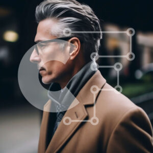 Intra Συλλεκτικό Ξύλινο Παζλ Plywood  4mm - Άνδρας με μαύρισμα παλτό και γυαλιά που κοιτάζει την απόσταση στην City Street Σε Ξύλινο Κουτί - Διαστάσεις Puzzle: 10x10 cm – 25 κομμάτια