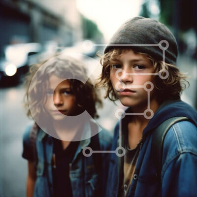 Intra Συλλεκτικό Ξύλινο Παζλ Plywood  4mm - Εικόνα δύο αγοριών που φορούν casual ρούχα σε έναν δρόμο της πόλης Σε Ξύλινο Κουτί - Διαστάσεις Puzzle: 10x10 cm – 25 κομμάτια - Image 1