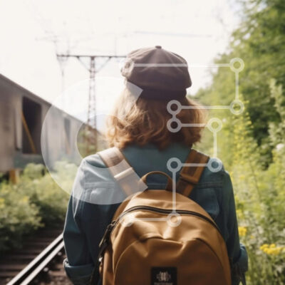 Intra Συλλεκτικό Ξύλινο Παζλ Plywood  4mm - Κομψή νεαρή γυναίκα που στέκεται στη γραμμή τρένου, κοιτάζοντας την απόσταση Σε Ξύλινο Κουτί - Διαστάσεις Puzzle: 10x10 cm – 25 κομμάτια - Image 1