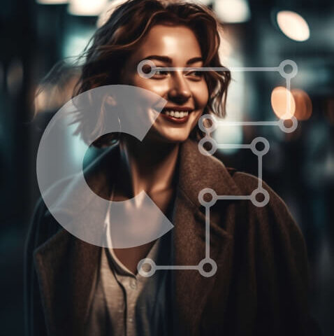 Intra Συλλεκτικό Ξύλινο Παζλ Plywood  4mm - Ευτυχισμένη γυναίκα με καφέ παλτό που στέκεται στο City Street τη νύχτα Σε Ξύλινο Κουτί - Διαστάσεις Puzzle: 10x10 cm – 25 κομμάτια - Image 1