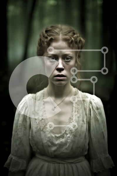 Intra Συλλεκτικό Ξύλινο Παζλ Plywood  4mm - Μυστηριώδης γυναίκα με λευκό φόρεμα που στέκεται στο Foreboding Woods Σε Ξύλινο Κουτί - Διαστάσεις Puzzle: 10x10 cm – 25 κομμάτια