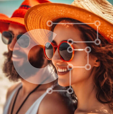 Intra Συλλεκτικό Ξύλινο Παζλ Plywood  4mm - Κομψό ζευγάρι στην παραλία με γυαλιά ηλίου και καπέλα Σε Ξύλινο Κουτί - Διαστάσεις Puzzle: 10x10 cm – 25 κομμάτια - Image 1