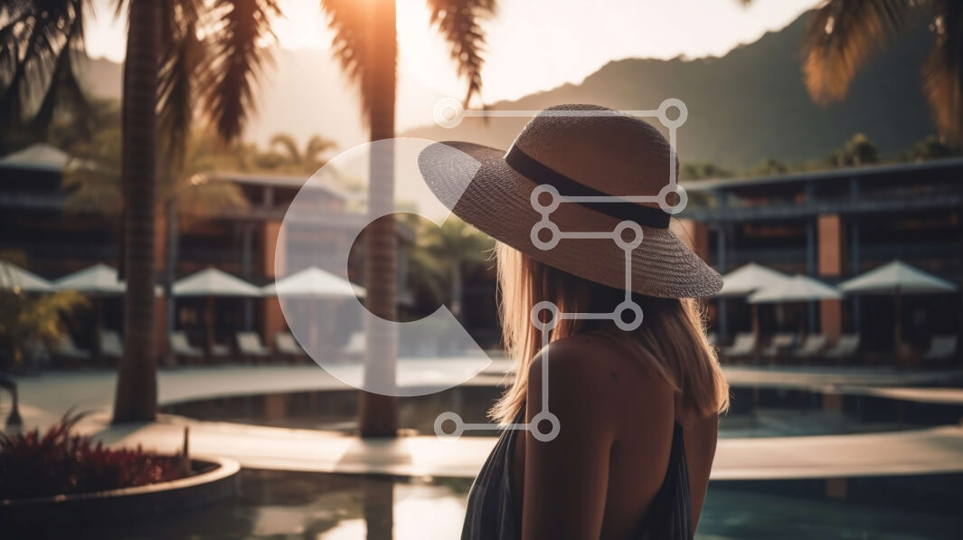 Intra Συλλεκτικό Ξύλινο Παζλ Plywood  4mm - Γυναίκα με ψάθινο καπέλο δίπλα στην πισίνα στο ηλιοβασίλεμα Σε Ξύλινο Κουτί - Διαστάσεις Puzzle: 10x10 cm – 25 κομμάτια