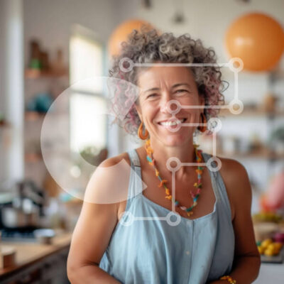 Intra Συλλεκτικό Ξύλινο Παζλ Plywood  4mm - Ευτυχισμένη γυναίκα με μπλε πουκάμισο που κρατά ένα μαχαίρι στην κουζίνα της Σε Ξύλινο Κουτί - Διαστάσεις Puzzle: 10x10 cm – 25 κομμάτια - Image 1