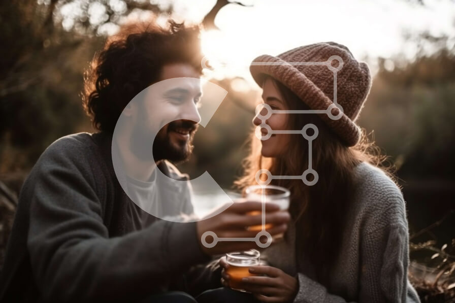 Intra Συλλεκτικό Ξύλινο Παζλ Plywood  4mm - Ρομαντική στιγμή ηλιοβασιλέματος: Νεαρό ζευγάρι που πίνει μπύρα δίπλα σε ένα ποτάμι Σε Ξύλινο Κουτί - Διαστάσεις Puzzle: 10x10 cm – 25 κομμάτια