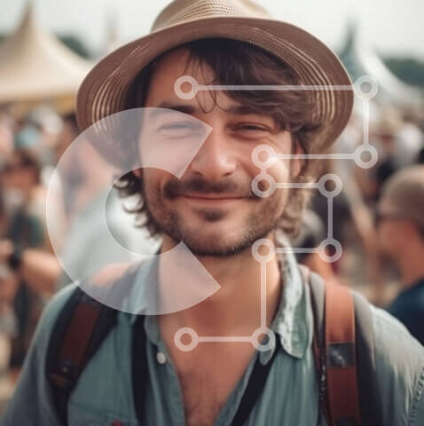 Intra Συλλεκτικό Ξύλινο Παζλ Plywood  4mm - Happy Man in a Music Festival Crowd με καπέλο και γυαλιά ηλίου Σε Ξύλινο Κουτί - Διαστάσεις Puzzle: 10x10 cm – 25 κομμάτια - Image 1