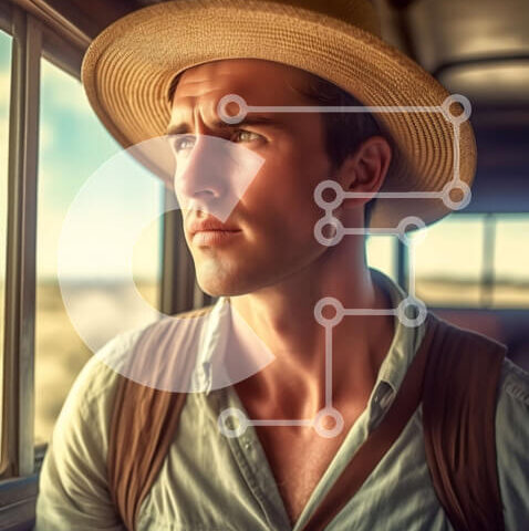 Intra Συλλεκτικό Ξύλινο Παζλ Plywood  4mm - Άνδρας με ψάθινο καπέλο και γιλέκο κοιτάζοντας το τοπίο της ερήμου Σε Ξύλινο Κουτί - Διαστάσεις Puzzle: 10x10 cm – 25 κομμάτια - Image 1