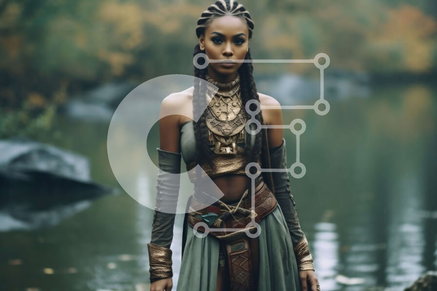 Intra Συλλεκτικό Ξύλινο Παζλ Plywood  4mm - Μυστική και αιθέρια φωτογραφία μιας γυναίκας με κοστούμι φαντασίας δίπλα στο νερό Σε Ξύλινο Κουτί - Διαστάσεις Puzzle: 10x10 cm – 25 κομμάτια