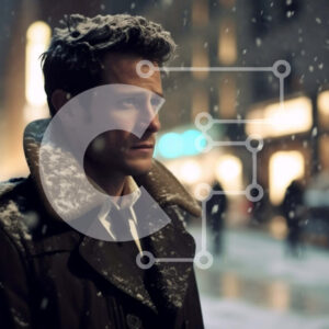 Intra Συλλεκτικό Ξύλινο Παζλ Plywood  4mm - Άνδρας που στέκεται στη Snowy Street με μαύρο παλτό και γραβάτα Σε Ξύλινο Κουτί - Διαστάσεις Puzzle: 10x10 cm – 25 κομμάτια