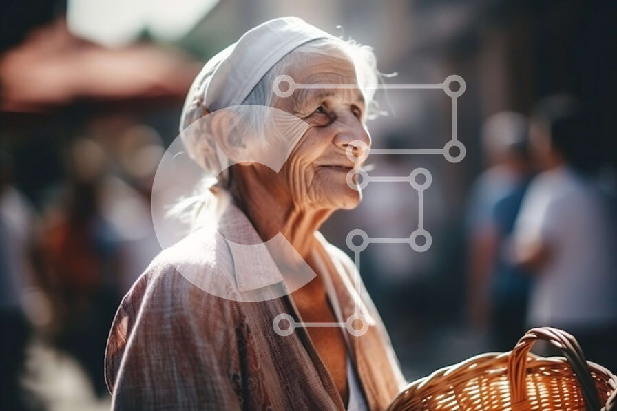 Intra Συλλεκτικό Ξύλινο Παζλ Plywood  4mm - Ηλικιωμένη γυναίκα που κουβαλά καλάθι περπατώντας στην πολυσύχναστη οδό την ηλιόλουστη ημέρα Σε Ξύλινο Κουτί - Διαστάσεις Puzzle: 10x10 cm – 25 κομμάτια