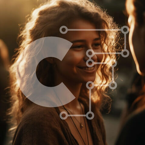 Intra Συλλεκτικό Ξύλινο Παζλ Plywood  4mm - Χαμογελαστή γυναίκα με καφέ πουλόβερ που στέκεται στο πλήθος κατά το ηλιοβασίλεμα Σε Ξύλινο Κουτί - Διαστάσεις Puzzle: 10x10 cm – 25 κομμάτια - Image 1