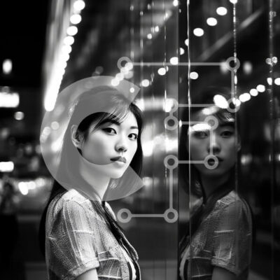 Intra Συλλεκτικό Ξύλινο Παζλ Plywood  4mm - Κομψή γυναίκα στέκεται μπροστά από το αντανακλαστικό κτίριο τη νύχτα Σε Ξύλινο Κουτί - Διαστάσεις Puzzle: 10x10 cm – 25 κομμάτια - Image 1