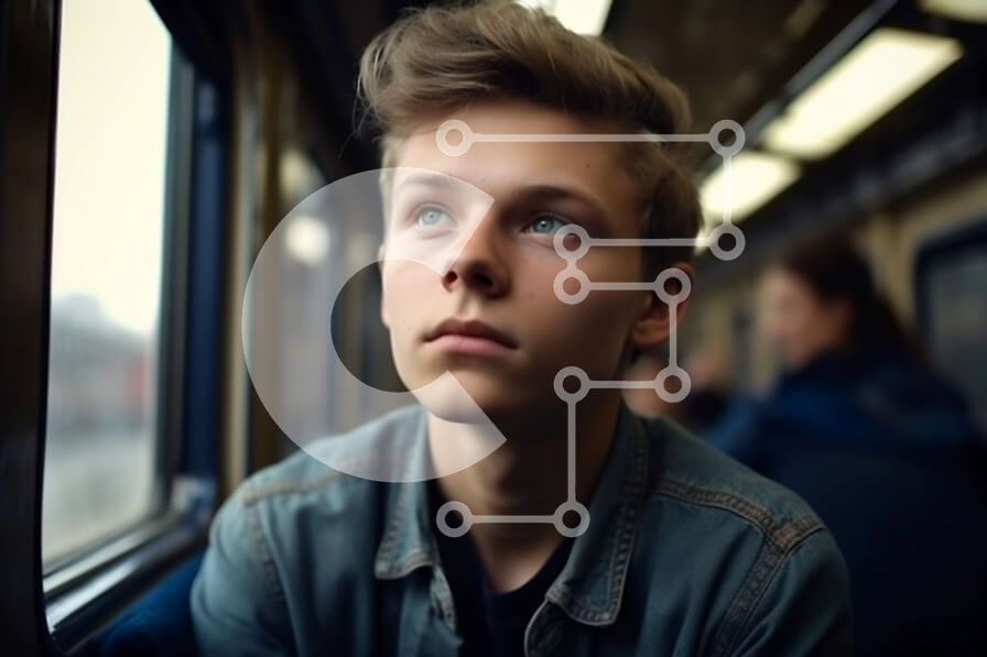 Intra Συλλεκτικό Ξύλινο Παζλ Plywood  4mm - Πορτρέτο ενός νεαρού άνδρα σε ένα τρένο που κοιτάζει έξω από το παράθυρο Σε Ξύλινο Κουτί - Διαστάσεις Puzzle: 10x10 cm – 25 κομμάτια