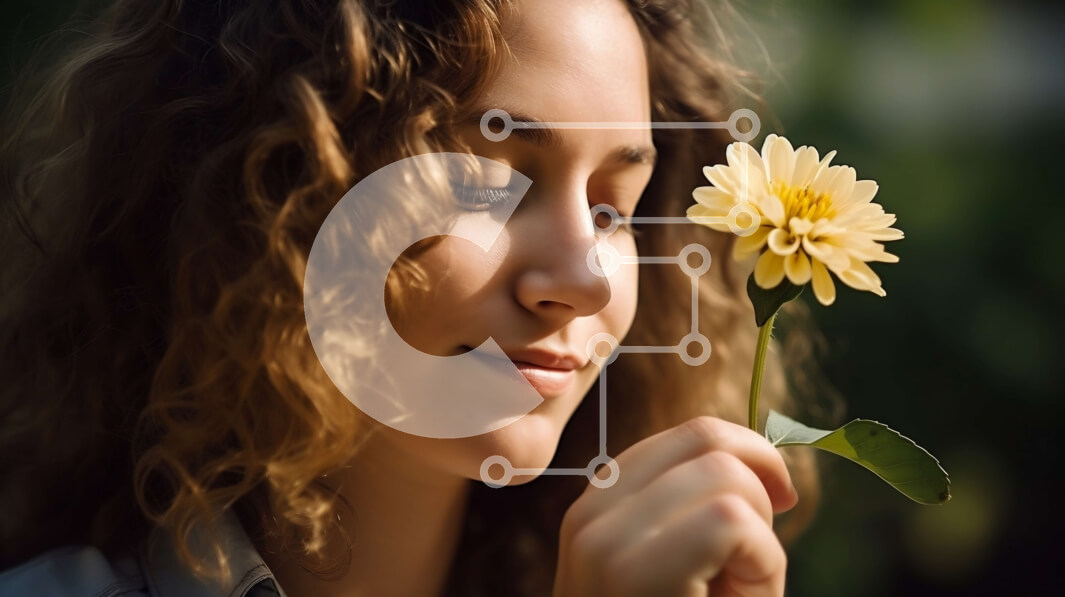 Intra Συλλεκτικό Ξύλινο Παζλ Plywood  4mm - Χαμογελαστή νεαρή γυναίκα με σγουρά μαλλιά και κίτρινο λουλούδι Σε Ξύλινο Κουτί - Διαστάσεις Puzzle: 10x10 cm – 25 κομμάτια