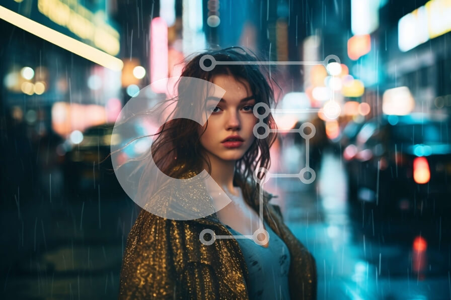 Intra Συλλεκτικό Ξύλινο Παζλ Plywood  4mm - Κυκλοθυμική φωτογραφία μιας νεαρής γυναίκας με γυαλιστερό χρυσό σακάκι που στέκεται στη βροχή σε έναν δρόμο της πόλης Σε Ξύλινο Κουτί - Διαστάσεις Puzzle: 10x10 cm – 25 κομμάτια