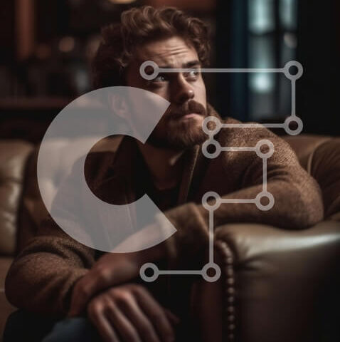 Intra Συλλεκτικό Ξύλινο Παζλ Plywood  4mm - Άνδρας που κάθεται στον δερμάτινο καναπέ με σοβαρή έκφραση Σε Ξύλινο Κουτί - Διαστάσεις Puzzle: 10x10 cm – 25 κομμάτια - Image 1