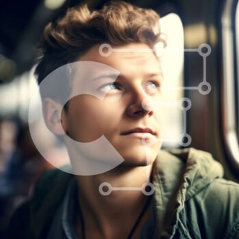 Intra Συλλεκτικό Ξύλινο Παζλ Plywood  4mm - Νεαρός άνδρας με πράσινο σακάκι σε κινούμενο τρένο | Φωτογραφία Αρχείου Σε Ξύλινο Κουτί - Διαστάσεις Puzzle: 10x10 cm – 25 κομμάτια - Image 1