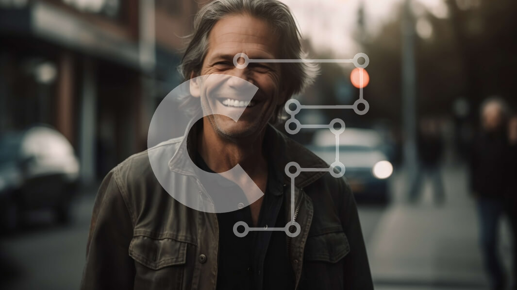 Intra Συλλεκτικό Ξύλινο Παζλ Plywood  4mm - Ευτυχισμένος άνδρας με καφέ δερμάτινο μπουφάν που στέκεται στο δρόμο της πόλης Σε Ξύλινο Κουτί - Διαστάσεις Puzzle: 10x10 cm – 25 κομμάτια