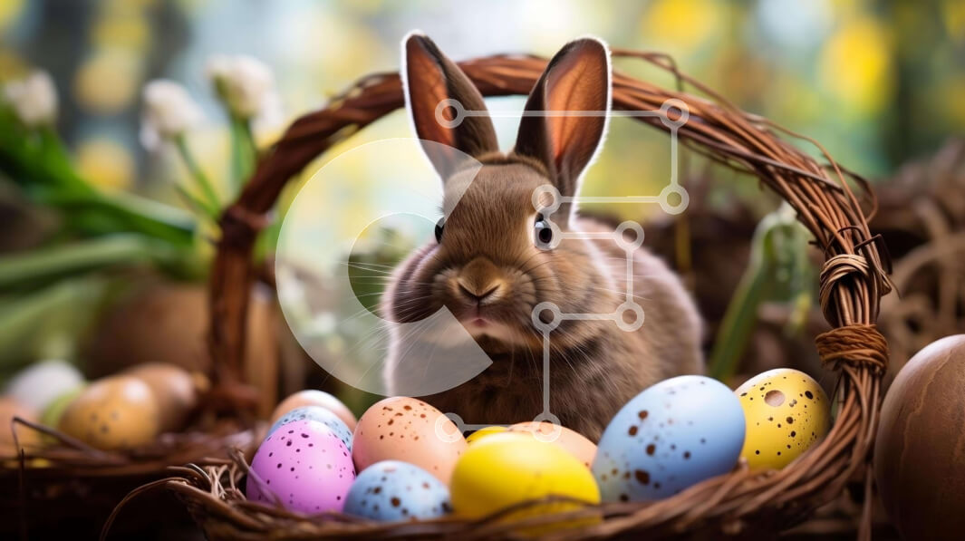 Intra Συλλεκτικό Ξύλινο Παζλ Plywood  4mm - Πασχαλινό λαγουδάκι με πολύχρωμα πασχαλινά αυγά στο καλάθι Σε Ξύλινο Κουτί - Διαστάσεις: 10x10 cm – 25 κομμάτια