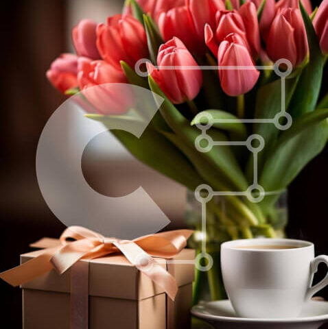 Intra Συλλεκτικό Ξύλινο Παζλ Plywood  4mm - Ροζ τουλίπες και φλιτζάνι καφέ με κουτί δώρου Σε Ξύλινο Κουτί - Διαστάσεις: 10x10 cm – 25 κομμάτια - Image 1