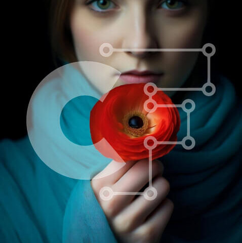 Intra Συλλεκτικό Ξύλινο Παζλ Plywood 4mm - Νεαρή γυναίκα που κρατά ένα πορτοκαλί λουλούδι Σε Ξύλινο Κουτί - Διαστάσεις Puzzle: 10x10 cm – 25 κομμάτια - Image 1