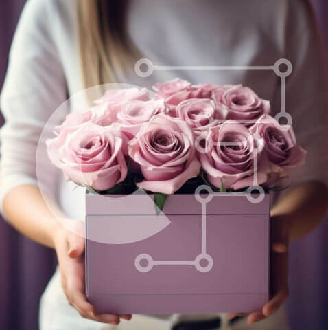 Intra Συλλεκτικό Ξύλινο Παζλ Plywood  4mm - Γυναίκα που κρατά ένα κουτί με ροζ τριαντάφυλλα Σε Ξύλινο Κουτί - Διαστάσεις Puzzle: 10x10 cm – 25 κομμάτια - Image 1