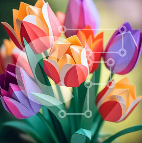 Intra Συλλεκτικό Ξύλινο Παζλ Plywood  4mm - Πολύχρωμο χάρτινο μπουκέτο τουλίπας σε μοναδικό ανάποδο βάζο Σε Ξύλινο Κουτί - Διαστάσεις Puzzle: 10x10 cm – 25 κομμάτια - Image 1