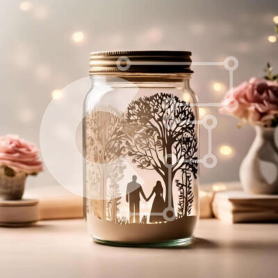 Intra Συλλεκτικό Ξύλινο Παζλ Plywood 4mm - Mason Jar με σιλουέτα δύο ανθρώπων στο δάσος Σε Ξύλινο Κουτί - Διαστάσεις Puzzle: 10x10 cm – 25 κομμάτια - Image 1