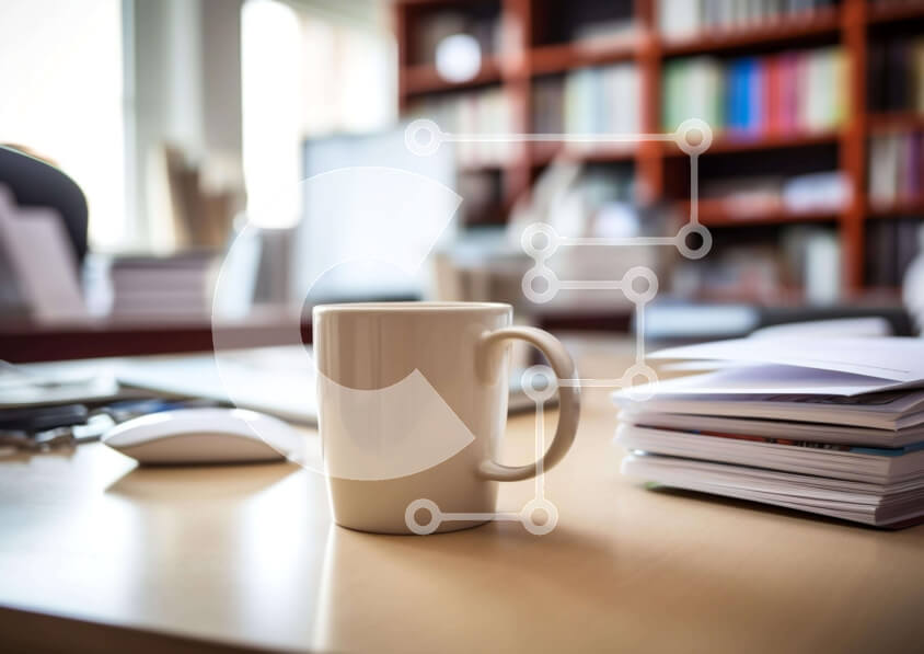 Intra Συλλεκτικό Ξύλινο Παζλ Plywood  4mm - Λευκό φλιτζάνι καφέ σε στοίβες βιβλίων και χαρτιών με είδη γραφείου Σε Ξύλινο Κουτί - Διαστάσεις: 10x10 cm – 25 κομμάτια