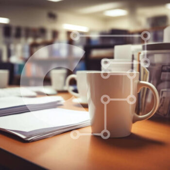 Intra Συλλεκτικό Ξύλινο Παζλ Plywood  4mm - Λευκό φλιτζάνι καφέ σε ξύλινο γραφείο με φορητό υπολογιστή και βιβλία Σε Ξύλινο Κουτί - Διαστάσεις Puzzle: 10x10 cm – 25 κομμάτια - Image 1