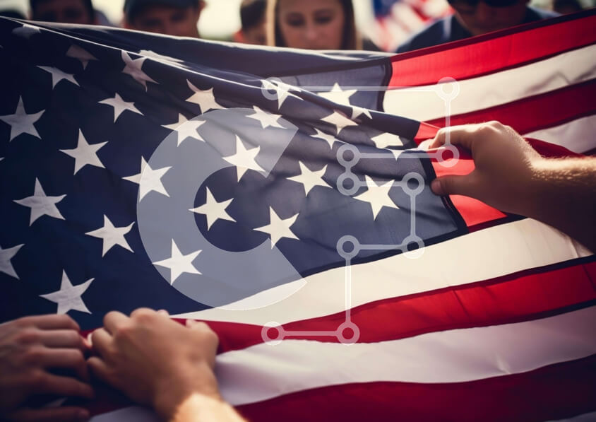 Intra Συλλεκτικό Ξύλινο Παζλ Plywood  4mm - Ομάδα ανθρώπων που κρατούν την αμερικανική σημαία Σε Ξύλινο Κουτί - Διαστάσεις Puzzle: 10x10 cm – 25 κομμάτια