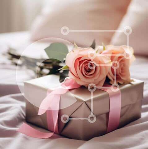 Intra Συλλεκτικό Ξύλινο Παζλ Plywood 4mm - Κουτί δώρου με ροζ τριαντάφυλλα και κορδέλα στο κρεβάτι Σε Ξύλινο Κουτί - Διαστάσεις: 10x10 cm – 25 κομμάτια - Image 1