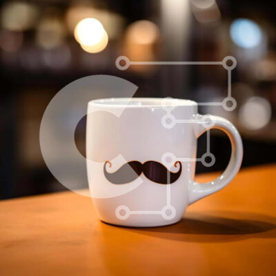 Intra Συλλεκτικό Ξύλινο Παζλ Plywood 4mm - Λευκή κούπα καφέ με σχέδιο μουστάκι σε ημιτελές ξύλινο τραπέζι Σε Ξύλινο Κουτί - Διαστάσεις: 10x10 cm – 25 κομμάτια - Image 1