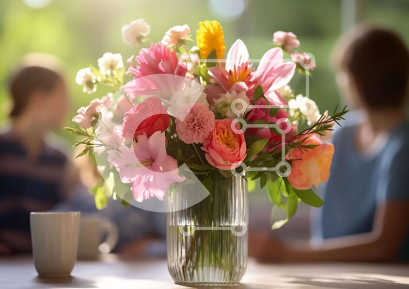 Intra Συλλεκτικό Ξύλινο Παζλ Plywood  4mm - Πολύχρωμα λουλούδια σε γυάλινο βάζο με ανθρώπους και κύπελλο Σε Ξύλινο Κουτί - Διαστάσεις Puzzle: 10x10 cm – 25 κομμάτια