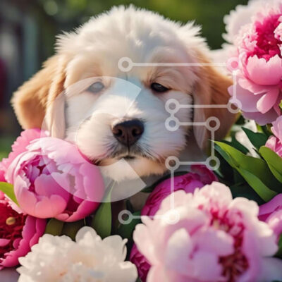 Intra Συλλεκτικό Ξύλινο Παζλ Plywood  4mm - Αξιολάτρευτο κουτάβι ανάμεσα σε ροζ παιώνιες Σε Ξύλινο Κουτί - Διαστάσεις: 10x10 cm – 25 κομμάτια - Image 1