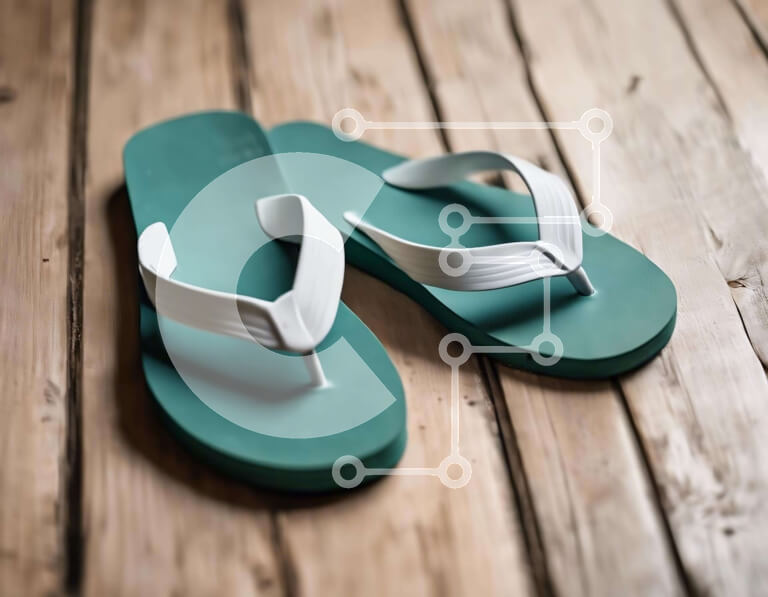 Intra Συλλεκτικό Ξύλινο Παζλ Plywood  4mm - Ζευγάρι πράσινα και λευκά σανδάλια σαγιονάρας σε ξύλινο τραπέζι Σε Ξύλινο Κουτί - Διαστάσεις Puzzle: 10x10 cm – 25 κομμάτια