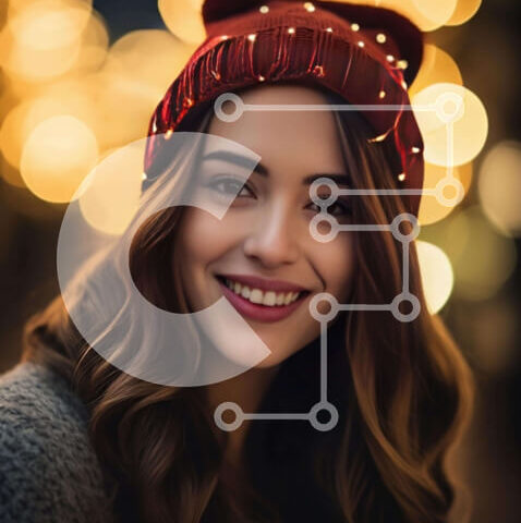 Intra Συλλεκτικό Ξύλινο Παζλ Plywood 4mm - Χαμογελαστή νεαρή γυναίκα με μακριά σκούρα μαλλιά και καστανά μάτια μπροστά στα πολύχρωμα φώτα Σε Ξύλινο Κουτί - Διαστάσεις Puzzle: 10x10 cm – 25 κομμάτια - Image 1