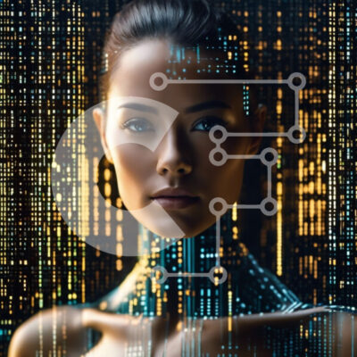 Intra Συλλεκτικό Ξύλινο Παζλ Plywood  4mm - Τεχνητά ευφυής γυναίκα που στέκεται μπροστά από τον ψηφιακό κώδικα Σε Ξύλινο Κουτί - Διαστάσεις Puzzle: 10x10 cm – 25 κομμάτια - Image 1