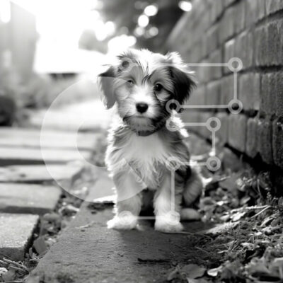 Intra Συλλεκτικό Ξύλινο Παζλ Plywood  4mm - Αξιολάτρευτη εικόνα ενός μικρού σκύλου που κάθεται μπροστά από έναν τοίχο από τούβλα Σε Ξύλινο Κουτί - Διαστάσεις: 10x10 cm – 25 κομμάτια - Image 1