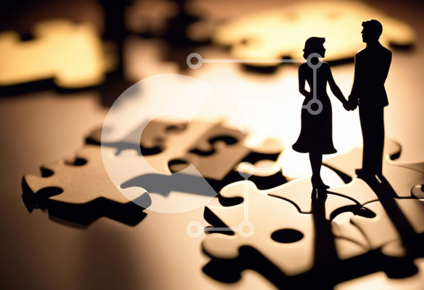 Intra Συλλεκτικό Ξύλινο Παζλ Plywood  4mm - Σιλουέτα ενός ζευγαριού που κρατά τα χέρια μπροστά από κομμάτια παζλ Σε Ξύλινο Κουτί - Διαστάσεις Puzzle: 10x10 cm – 25 κομμάτια