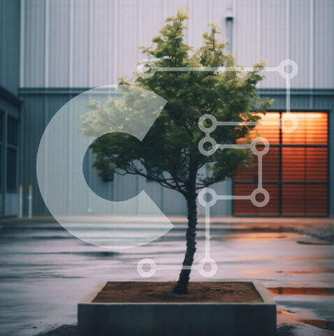 Intra Συλλεκτικό Ξύλινο Παζλ Plywood  4mm - Μοναχικό δέντρο σε ένα χώρο στάθμευσης με γκρίζο ουρανό και κόκκινο κτίριο Σε Ξύλινο Κουτί - Διαστάσεις Puzzle: 10x10 cm – 25 κομμάτια - Image 1