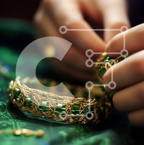 Intra Συλλεκτικό Ξύλινο Παζλ Plywood 4mm - Εκπληκτικό πράσινο βραχιόλι με περίπλοκα σχέδια σε ένα σκούρο πράσινο τραπεζομάντιλο Σε Ξύλινο Κουτί - Διαστάσεις Puzzle: 10x10 cm – 25 κομμάτια - Image 1