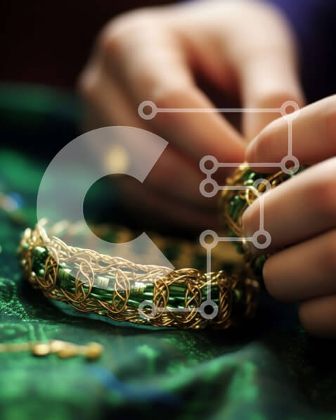 Intra Συλλεκτικό Ξύλινο Παζλ Plywood  4mm - Εκπληκτικό πράσινο βραχιόλι με περίπλοκα σχέδια σε ένα σκούρο πράσινο τραπεζομάντιλο Σε Ξύλινο Κουτί - Διαστάσεις Puzzle: 10x10 cm – 25 κομμάτια