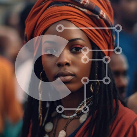 Intra Συλλεκτικό Ξύλινο Παζλ Plywood 4mm - Σοβαρή γυναίκα με Dreadlocks και πορτοκαλί τουρμπάνι: Μια ισχυρή εικόνα Σε Ξύλινο Κουτί - Διαστάσεις Puzzle: 10x10 cm – 25 κομμάτια - Image 1