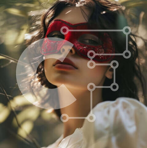 Intra Συλλεκτικό Ξύλινο Παζλ Plywood  4mm - Γυναίκα που φοράει κόκκινη μάσκα μεταμφίεσης και λευκά ρούχα Σε Ξύλινο Κουτί - Διαστάσεις Puzzle: 10x10 cm – 25 κομμάτια - Image 1